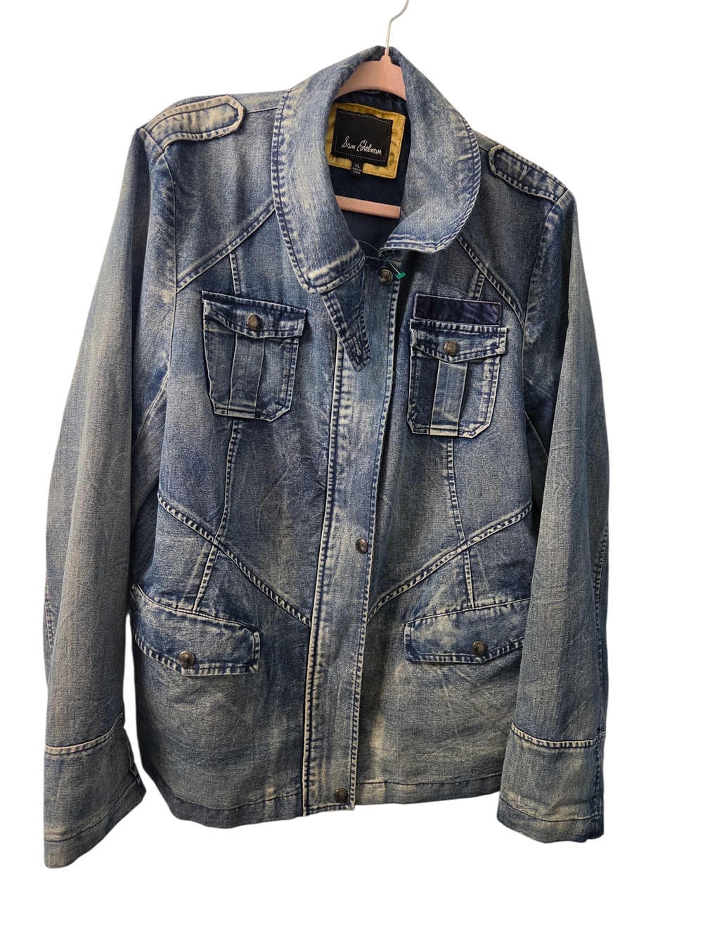 Sam Edelman Distressed Light Blue Denim Lined Utility Blazer